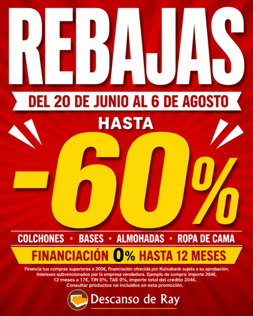 En Descanso de Ray vendemos salud y confort, porque somos de los que creemos que un adecuado reposo es clave para el buen funcionamiento del cuerpo y de la mente. En el catálogo de colchones y equipos de descanso que aquí te presentamos encontrarás una amplia selección de productos diseñados para tu bienestar, con marcas de primera calidad a los mejores precios.
QUIERO CONTACTAR CON DESCANSO DE RAY
Descubre las últimas referencias que han llegado a nuestra tienda de colchones y equipos de descanso y disfruta de dulces sueños desde el primer momento. Si no encuentras lo que necesitas, quieres información adicional o tienes alguna duda, consúltanos sin compromiso, en Descanso de Ray estamos encantados de poder ayudarte. Recuerda que nuestra tienda se encuentra en el distrito de Arganzuela, en Atocha, en el paseo Santa María de la Cabeza, número 66. Te esperamos.
¿QUÉ EQUIPO DE DESCANSO ESTÁS BUSCANDO? ECHA UN VISTAZO A NUESTRO CATÁLOGO